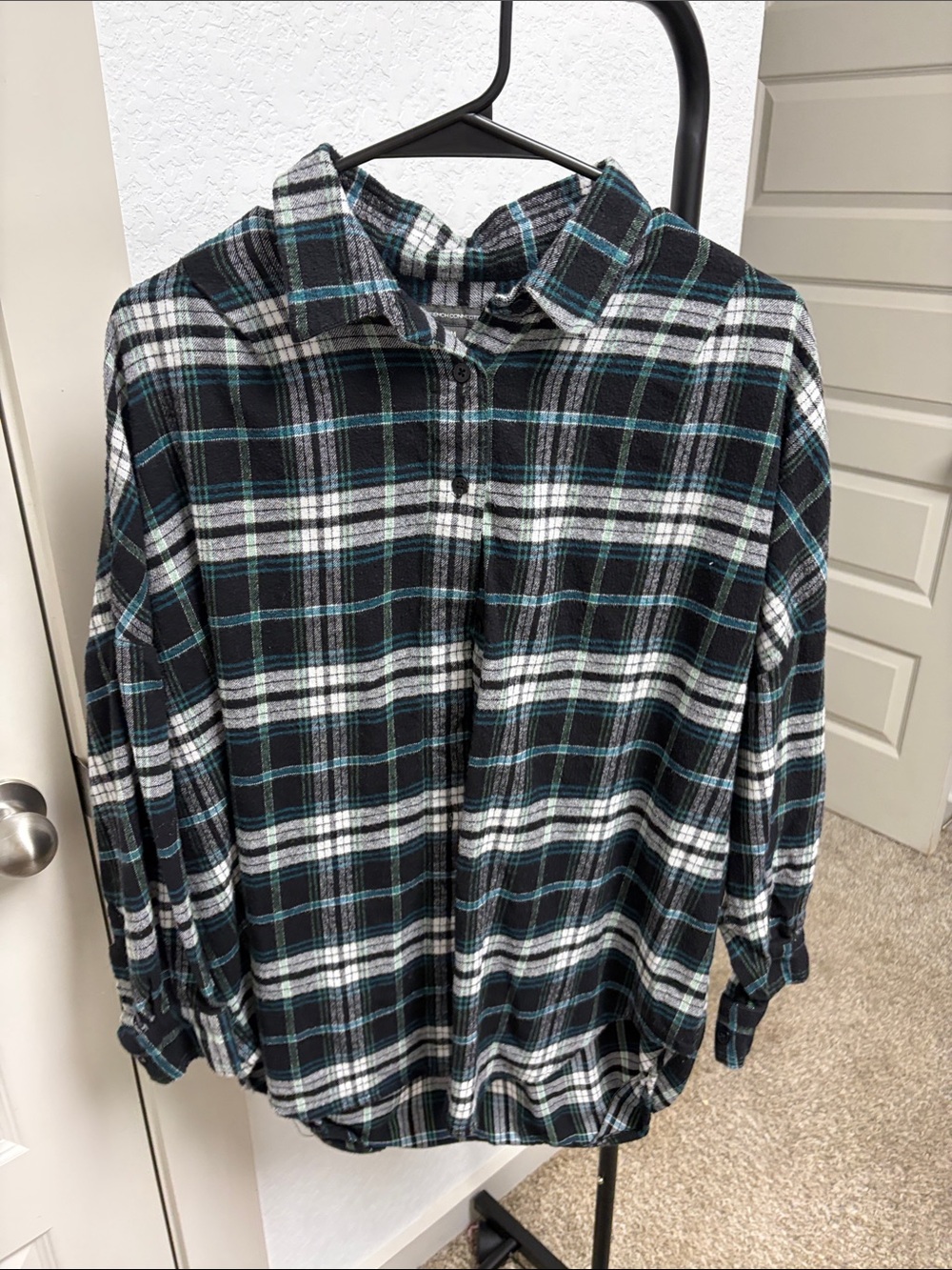 French Connection Black, White & Teal Plaid Shirt